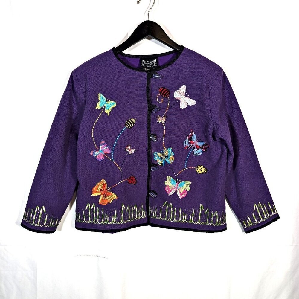 Vintage Puffin Island Sz L Cotton Canvas Kimono Jacket Toggle Coat Embroidered